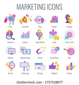 Marketing icons. Marketing mix infographic. Strategy and management. Segmentation, target audience. Successful positioning of company in market. Flat vector illustration.