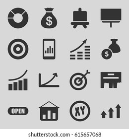 Marketing icons set. set of 16 marketing filled icons such as board, Money sack, graph, open, pie chart, ad, money bag, target, XY, graph on display, money growth