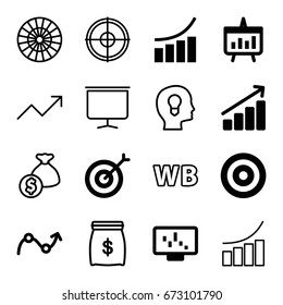 Marketing icons set. set of 16 marketing filled and outline icons such as graph, chart, target, board, wb, money sack, graph on display, dart, head with keyhole