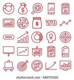 Marketing icons set. set of 25 marketing outline icons such as board, money sack, graph, clipboard, line graph, wb, zoom in, open, chart, target, money sack, xy