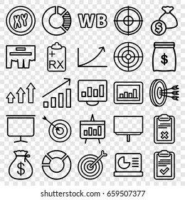 Marketing icons set. set of 25 marketing outline icons such as money sack, target, board, graph, clipboard, wb, chart, chart on display, arrows in target, money sack, xy