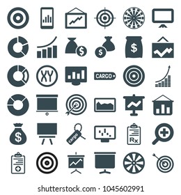 Marketing icons. set of 36 editable filled marketing icons such as money sack, target, graph, dart, graph on display, graph on board, cargo tag, pie chart, money bag