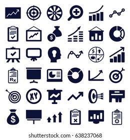 Marketing icons set. set of 36 marketing filled icons such as board, money sack, target, graph, clipboard, medical clipboard, line graph, zoom in, chart on display