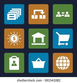 Marketing icons set. Set of 9 Marketing filled icons such as globe, dollar in sun, communication, resume, message, shopping cart, shopping bag, building