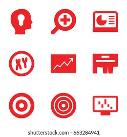 Marketing icons set. set of 9 marketing filled icons such as line graph, zoom in, chart on display, head with keyhole, target, ad, xy