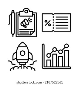 marketing icons set = clipboard, discount, rocket, chart infographics. Perfect for website mobile app, app icons, presentation, illustration and any other projects