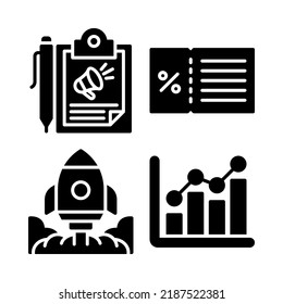 marketing icons set = clipboard, discount, rocket, chart infographics. Perfect for website mobile app, app icons, presentation, illustration and any other projects