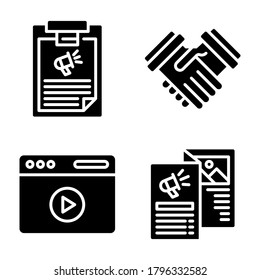 Marketing Icons set = clipboard, handshake, web play, brochure. Perfect for website mobile app, presentation, illustration and any other projects.