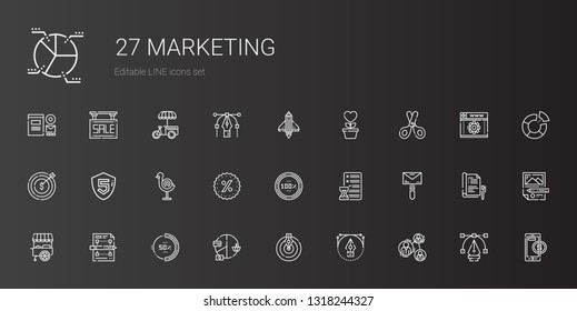 marketing icons set. Collection of marketing with analysis, vector, goal, pie chart, percentage, planning, stand, mail, promotions, dart board. Editable and scalable marketing icons.