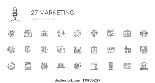 marketing icons set. Collection of marketing with billboard, advertising, target, stock, poster, stand, percentage, planning, strategy. Editable and scalable marketing icons.