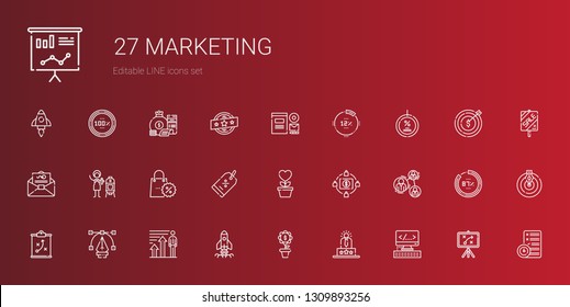 marketing icons set. Collection of marketing with html, user experience, growth, startup, profits, vector, strategy, analysis, crowdfunding. Editable and scalable marketing icons.