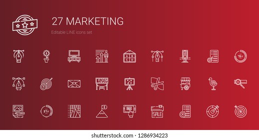 marketing icons set. Collection of marketing with planning, sale, mobile shopping, goal, pyramid chart, percentage, stand, scissors, strategy. Editable and scalable marketing icons.