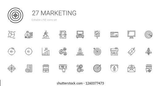 marketing icons set. Collection of marketing with vector, target, development, mobile shopping, stand, planning, crowdfunding, sale, user experience. Editable and scalable marketing icons.