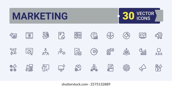 Marketing icons set. It contains symbols to content, target, email, communication, manage, web, digital, market. Minimal icons. Vector icons editable stroke.