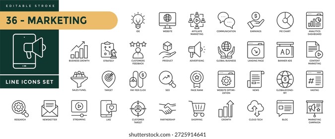 Conjunto de iconos de marketing con trazo editable, incluyendo idea, Sitio web, marketing de Afiliadas, comunicación, ganancias, gráfico circular, anuncios de Anuncio, página de destino, noticias, hastag, crecimiento. Ilustración vectorial lineal delgada