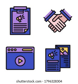 Marketing Icons set (Filled Line) = clipboard, handshake, web play, brochure. Perfect for website mobile app, presentation, illustration and any other projects.