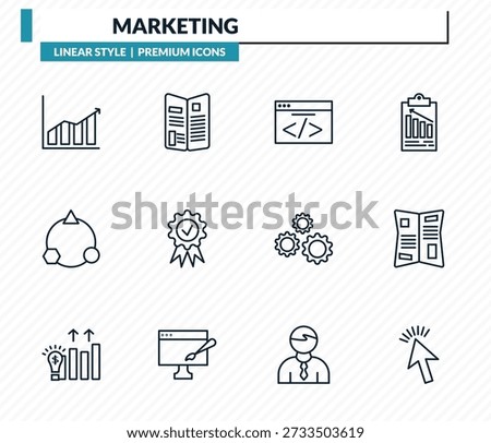 marketing icons set - marketing graph, flyer, webcode, gazette, web cursor outline vector collection.