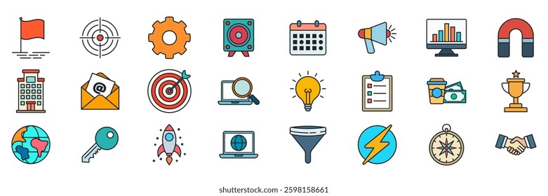 Marketing icons set, Included icons as Bullseye, Calendar, Funnel, Lightbulb and more symbols collection, logo isolated vector illustration