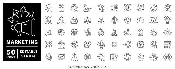 Marketing icons set. linear, editable line icons, branding and promotion symbols