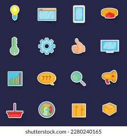 Marketing icons set stikers collection vector with shadow on purple background