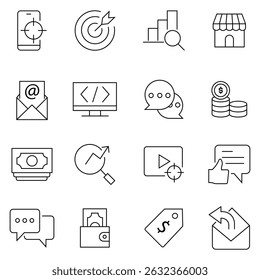 Marketing icons set with strategy. Containing design SEO, social media ads, email marketing and more. Online community, media, website, business marketing, blog, content and social network icons. 