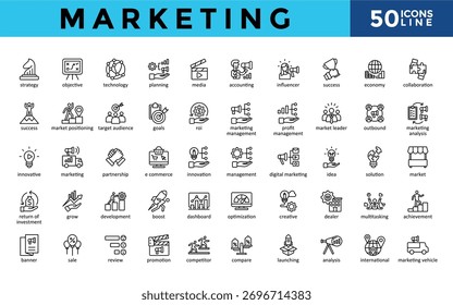 Ícones de marketing definidos com estratégia, objetivo, tecnologia, planejamento, mídia, contabilidade, influenciador, sucesso, economia, ícone de colaboração. Vetor de linha simples 
