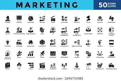 Marketing icons set with strategy, objective, technology, planning, media, accounting, influencer, success, economy, collaboration icon. Simple glyph vector 
