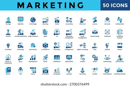 Marketing icons set with strategy, objective, technology, planning, media, accounting, influencer, success, economy, collaboration icon. Simple flat vector 
