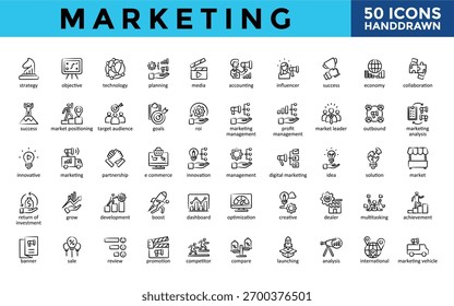 Marketing icons set with strategy, objective, technology, planning, media, accounting, influencer, success, economy, collaboration icon. Simple handdrawn vector 
