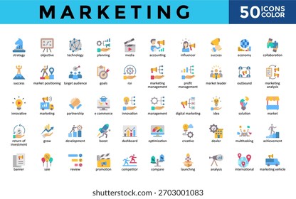 Marketing icons set with strategy, objective, technology, planning, media, accounting, influencer, success, economy, collaboration icon. Simple color vector 
