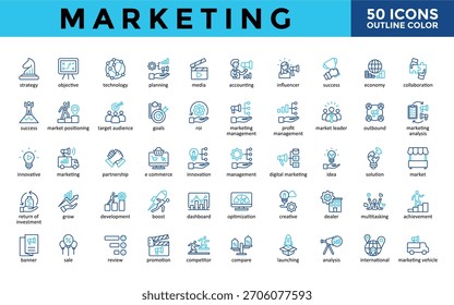 Marketing icons set with strategy, objective, technology, planning, media, accounting, influencer, success, economy, collaboration icon. Simple outline color vector 
