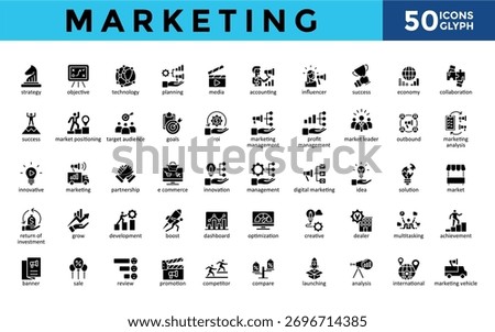 Marketing icons set with strategy, objective, technology, planning, media, accounting, influencer, success, economy, collaboration icon. Simple glyph vector 
