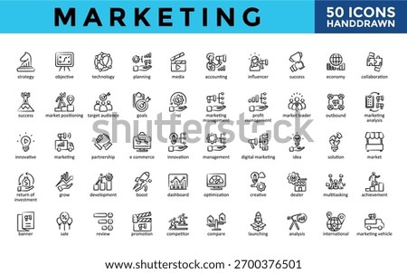 Marketing icons set with strategy, objective, technology, planning, media, accounting, influencer, success, economy, collaboration icon. Simple handdrawn vector 
