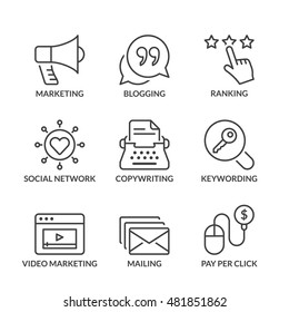 marketing icons set, thin line, black color