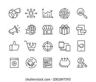 Marketing-Symbole - Vektorliniensymbole. Bearbeitbarer Stroke. Vektorgrafik