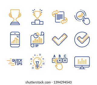 Marketing, Idea and Graph phone icons simple set. Tick, Report document and Graph chart signs. Verify, Education and Award cup symbols. Winner podium, Correct checkbox and Music making. Vector