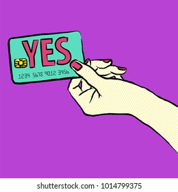 Marketing illustration. Customer want to buy and say yes. Illustration of a shopper, paying with the card. Sale and buy with a card. Image of a hand purchasing with credit card from the right.