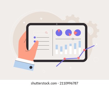 Sector de marketing, concepto de análisis de negocio. La mano contiene el comprimido. Diseñar proyecto de infografía, estadísticas, diagrama en pantalla. Ilustración vectorial de estilo plano.