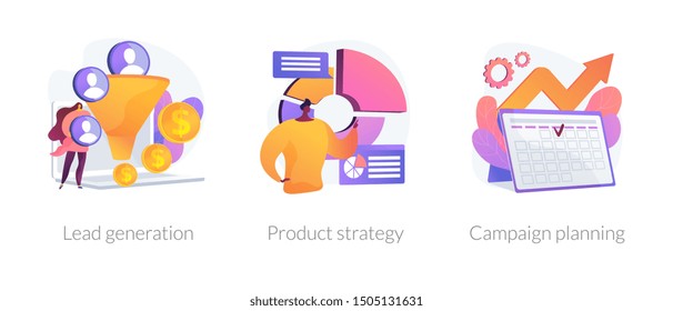 Marketing industry icons set. Potential client targeting, advertising business. Lead generation, product strategy, campaign planning metaphors. Vector isolated concept metaphor illustrations