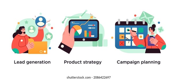 Marketing Industry Icons Set. Potential Client Targeting, Advertising Business. Lead Generation, Product Strategy, Campaign Planning Metaphors.