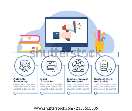 Marketing infographic chart design template. Automation tool. Work optimization. Editable infochart with icons. Instructional graphics with step sequence. Visual data presentation. Arial font used