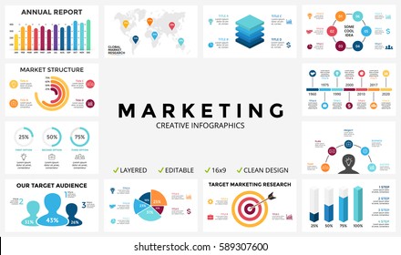 Marketing Infographic, Cycle Diagram, Global Business Graph, Presentation Chart. 3, 4, 5, 6, 7, 8 Option, Part, Step, Process. People Infographics Report, Target Market, Brain Idea, World Map Timeline