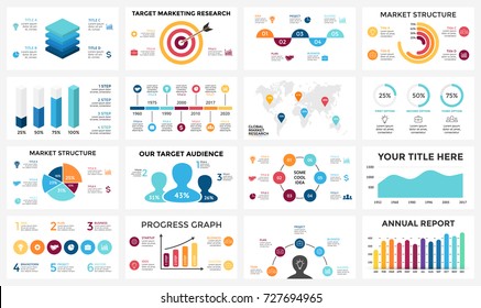 Marketing infographic, cycle diagram, global business graph, presentation chart. 3, 4, 5, 6, 7, 8 options, parts, steps, process. People audience report, target market, brain idea, world map timeline