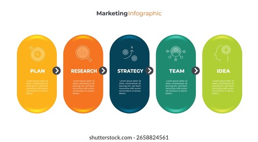 Una infografía de marketing con cinco círculos de colores diferentes. Cada círculo tiene un color diferente y está etiquetado con una palabra diferente, como "Plan", "Investigación", "Estrategia", "Equipo",