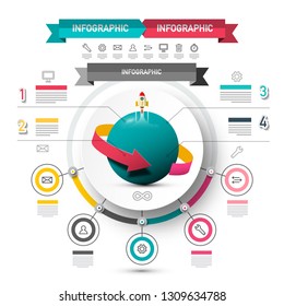 Marketing Infographic Vector Design. Circle Infographics Concept with Icons, Rocket Launch and Arrow Spinning around Globe. Five Steps Data Flow Chart Layout.