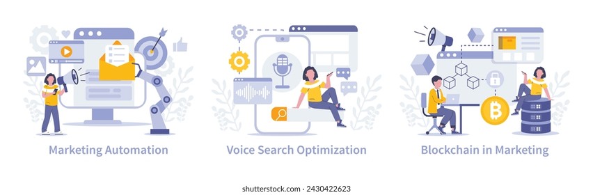 Marketing innovation set. Automation efficiency, voice search relevance, and blockchain transparency in advertising. Navigating digital trends, enhancing operational workflows. Vector illustration.