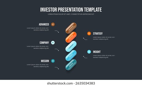 Marketing Introduction 5 Step Diagram Slideshow Template. Project Showcase Five Option Infographic Presentation Design. Visual Performance Frame Layout Vector Illustration.