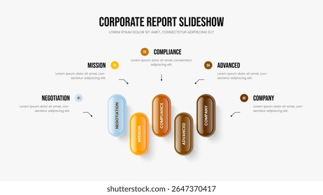 Introducción de marketing Plantilla de marco de diagrama de cinco pasos. Visualización de la empresa 5 Opción Infografía Presentación de diapositivas. Ilustración vectorial de diseño de presentación de desarrollo de mercado.