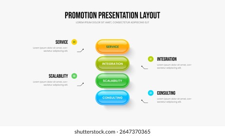 Marketing Introduction Presentation Layout Vector Illustration. Modern Showcase 4 Element Infographic Slideshow Design. Service Forecast Four Step Diagram Slide Template.
