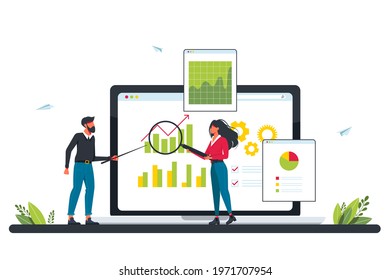 Marketing investment, demand planning, digital auditing concept with tiny people. Accounting. Business plan, finance management, digital sales, revenue metaphor. Concept for website audit, review